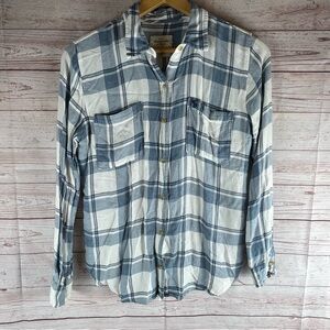 Abercrombie and Fitch White Blue Plaid Shirt Sz M Button Down Long Sleeve Grunge